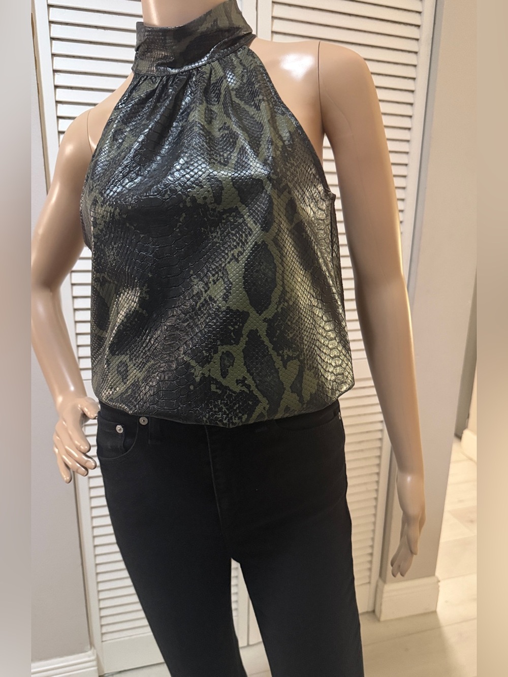 Ramy Brook Embossed Snake Print Halter Top Olive Black XS